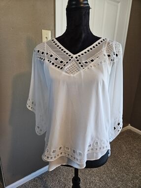 White House Black Market White Cutout Lace Yoke V-Neck Top